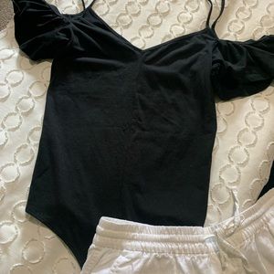 Black body suit, off the shoulder ruffles
